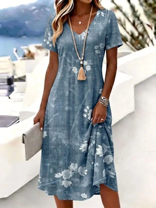 Women's Floral Short-Sleeve V-Neck Dress, Casual Mid-Length A-Line Summer Dress