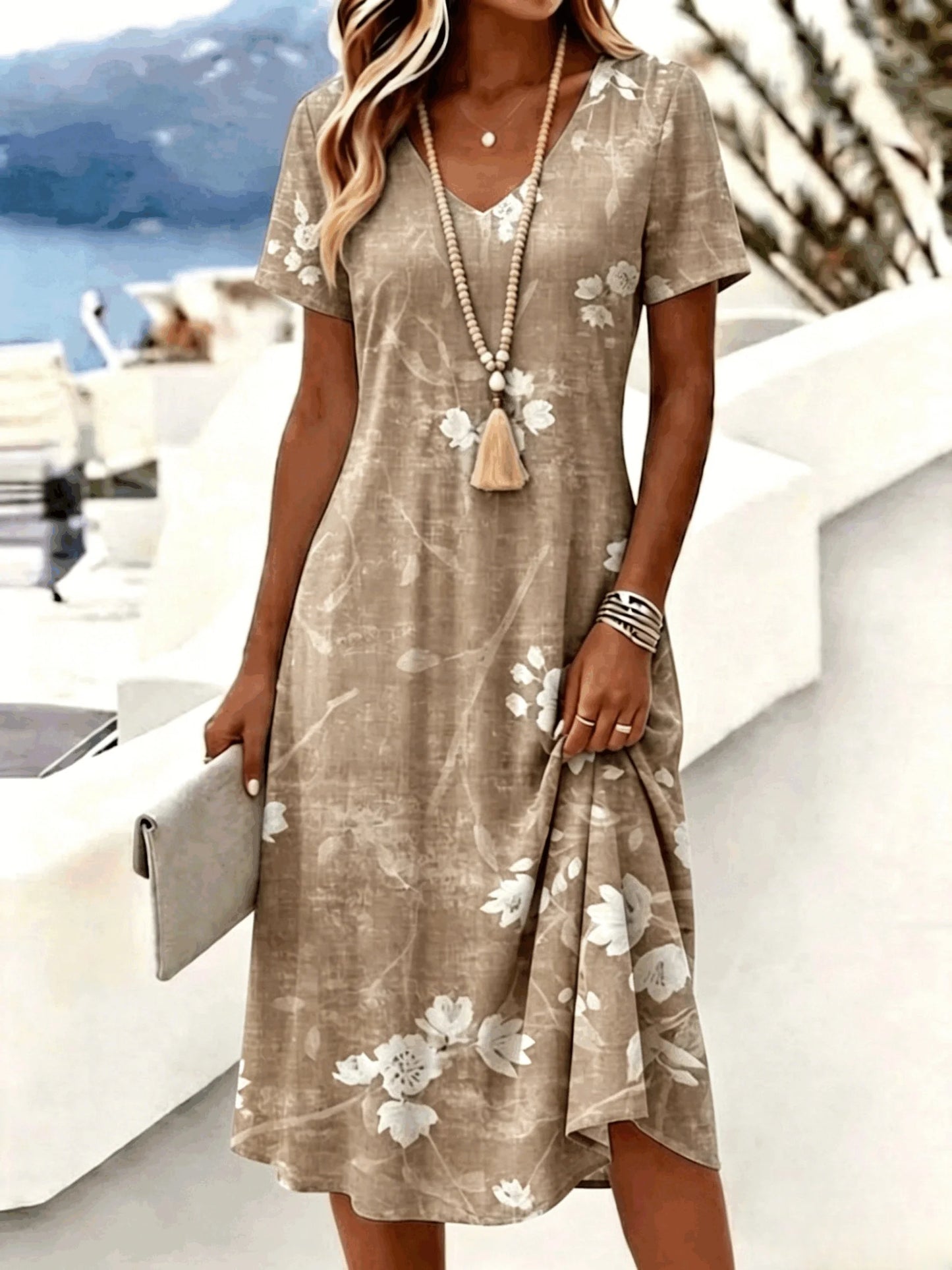 Women's Floral Short-Sleeve V-Neck Dress, Casual Mid-Length A-Line Summer Dress